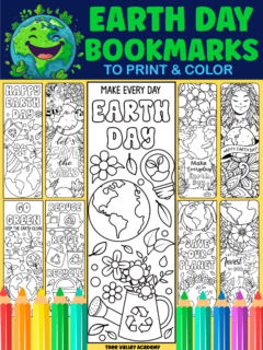 9 black and white Earth Day bookmarks to print & color. The free bookmarks have sayings like: Happy Earth Day; Let's Save the World; Go Green Keep the Earth Clean; Reduce, Reuse, Recycle; Save Our Planet; Make Everyday Earth Day; and Let's Invest in our Planet.