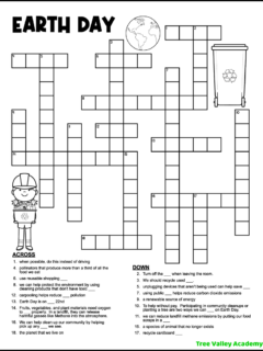 A black and white printable Earth Day crossword puzzle for upper elementary students around 5th grade. The puzzle has 8 clues down and 8 clues across. The printable Earth Day word puzzle is decorated with images of a recycling bin, the Earth, and a girl carrying a recycling bin. The images can be colored.