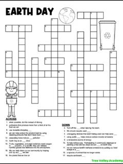 A black and white printable Earth Day crossword puzzle for upper elementary students around 5th grade. The puzzle has 8 clues down and 8 clues across. The printable Earth Day word puzzle is decorated with images of a recycling bin, the Earth, and a girl carrying a recycling bin. The images can be colored.