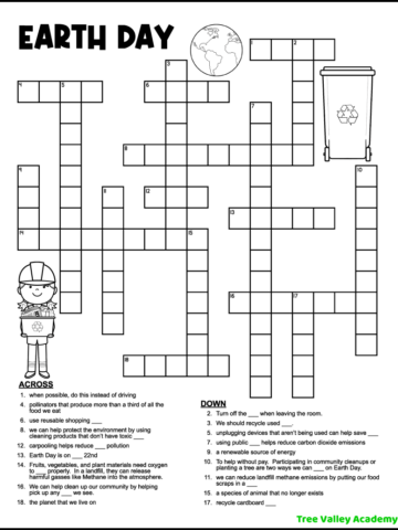 A black and white printable Earth Day crossword puzzle for upper elementary students around 5th grade. The puzzle has 8 clues down and 8 clues across. The printable Earth Day word puzzle is decorated with images of a recycling bin, the Earth, and a girl carrying a recycling bin. The images can be colored.