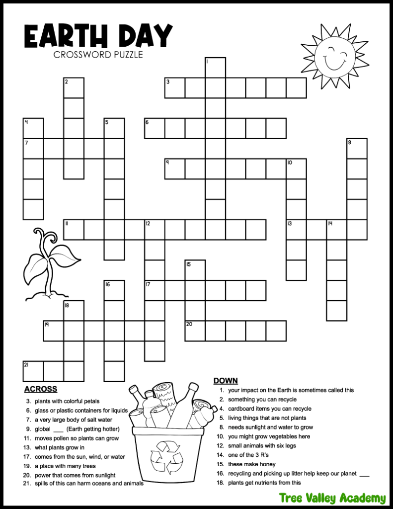 Earth Day crossword puzzle printable for 4th grade with recycling and nature vocabulary clues