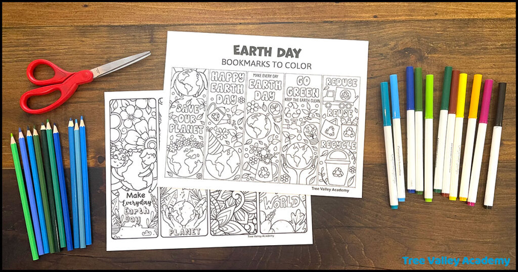 the supplies needed for 9 Earth Day bookmarks to color: coloring supplies (markers or pencil crayons); scissors; the bookmarks printed on 2 pages of white cardstock