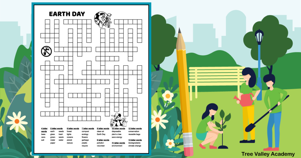 A black and white printable Earth Day word puzzle. It has 35 Earth Day words to fit in the puzzle. The words are grouped by the amount of letters in each word. There are 4 letter words all the way up to 13 letter words.