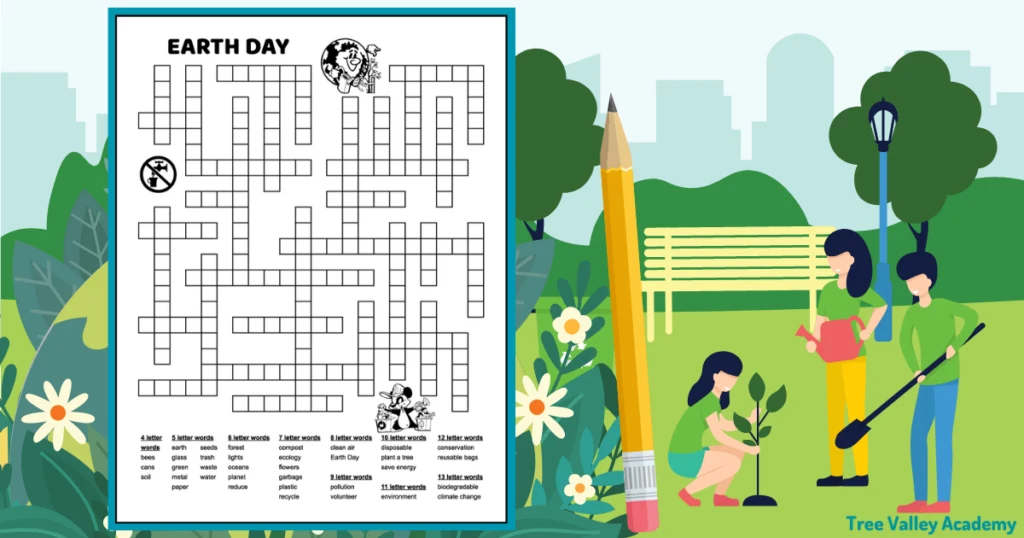 A black and white printable Earth Day word puzzle. It has 35 Earth Day words to fit in the puzzle. The words are grouped by the amount of letters in each word. There are 4 letter words all the way up to 13 letter words.