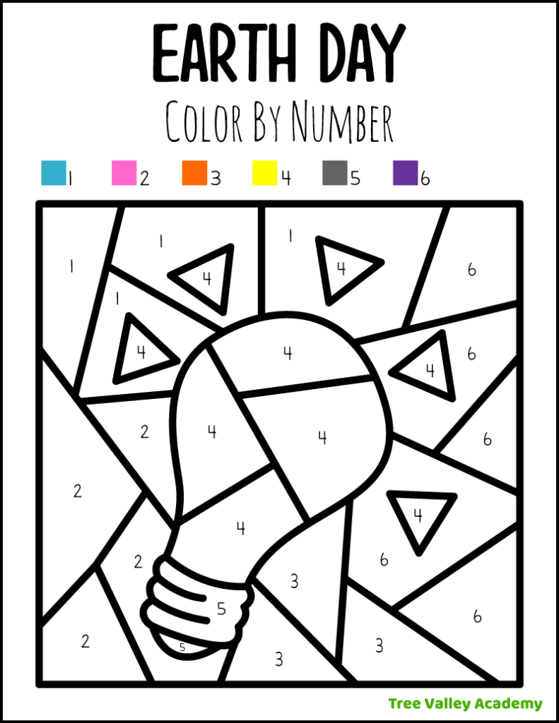 A free printable preschool Earth Day color by number 1-6 coloring page of a light bulb.