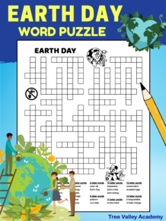 Free black and white printable Earth Day word puzzle. It looks like a crossword puzzle except instead of definitions the puzzle's words are given. The challenge is fitting all the words into the puzzle. There are 35 Earth Day words to fit in the puzzle. The words are grouped by the amount of letters in each word from 4 letter words to 13 letter words. The puzzle is decorated with Earth Day images kids can color.