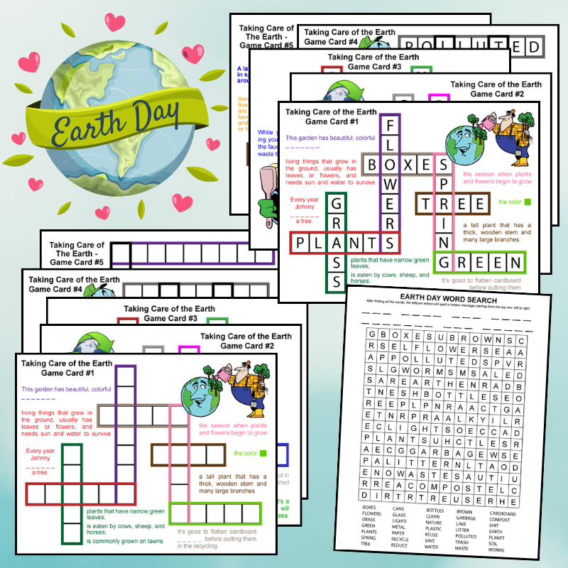 printable Earth Day word search with secret message, and printable Earth Day spelling games for kids