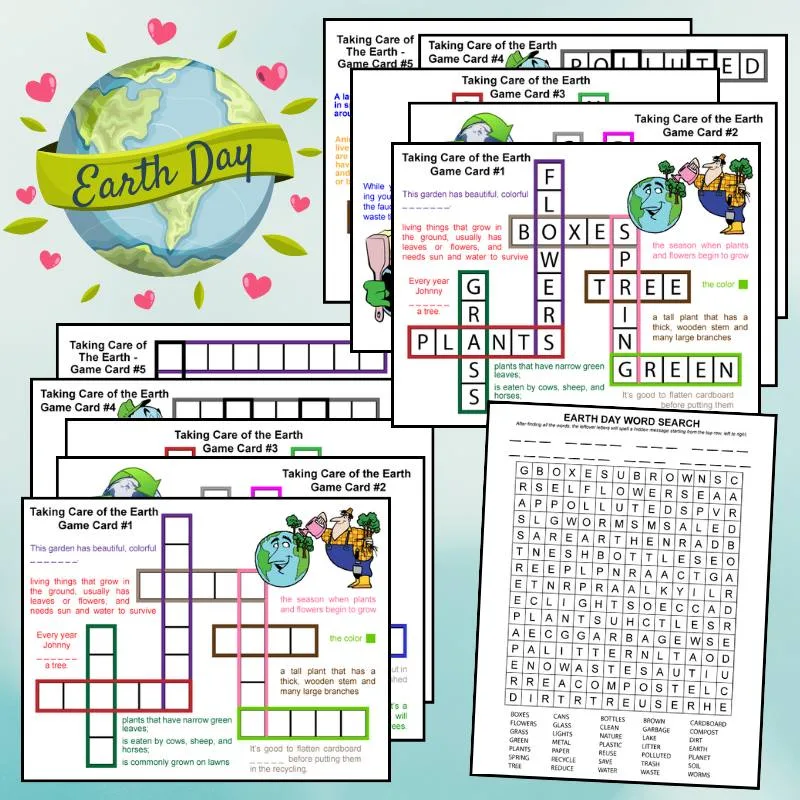 printable Earth Day word search with secret message, and printable Earth Day spelling games for kids