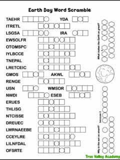 Earth Day word scramble printable with 25 scrambled words and hidden joke puzzle