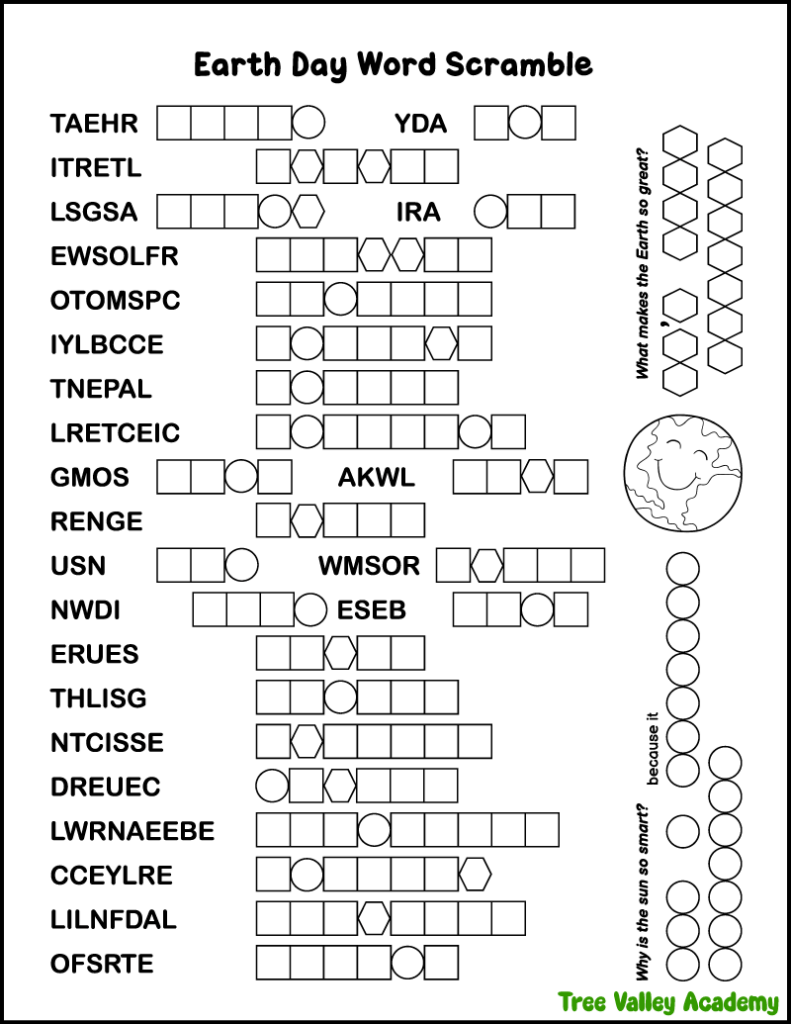 Earth Day word scramble printable with 25 scrambled words and hidden joke puzzle