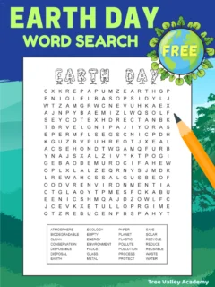 Free printable Earth Day word search. The black and white printable puzzle has 28 conservation and environmental words hidden in an 18 X 18 grid of uppercase letters.