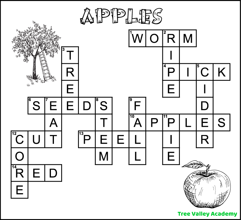 The answer key for a printable easy apple crossword puzzle. The words across are worm, pick, seeds, apples, cut, peel, and red. The words down are ripe, tree, cider, eat, stem, fall, pie, and core.