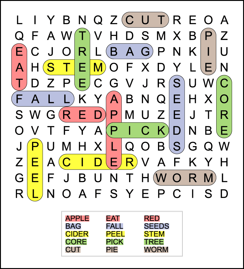 An answer key for an easy apple word search. The 15 hidden words are color-coded, so you can quickly find any of the hidden words.