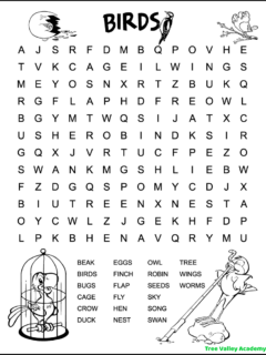 A black and white printable bird themed word search for kids. There are 21 hidden bird words to find. The words are simple and at a 2nd grade spelling level. They are hidden in a 12 X 14 grid of uppercase letters. The puzzle is decorated with images that kids can color. There are pictures of a bird pulling a worm out of the ground, a bird in a cage, a woodpecker, a bird in a tree, and a baby bird in a freshly hatched egg.