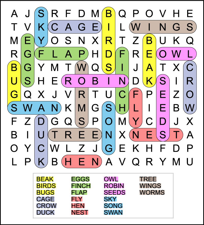 The color-coded answer key for a printable easy bird word search. The printable kids word search has 21 hidden words in a 12 X 14 grid of uppercase letters.