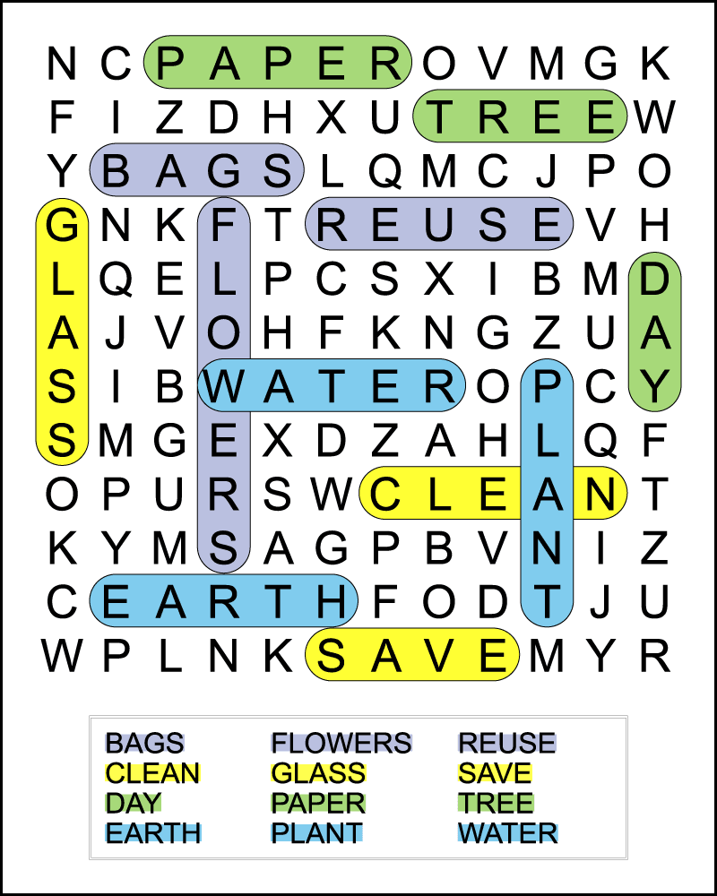 The color-coded answer key for a 2nd grade Earth Day word search.