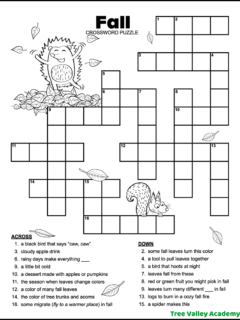 Free printable easy fall crossword puzzle for kids with 17 clues and cute black and white illustrations of a hedgehog standing in a pile of leaves and a squirrel.