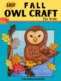 Easy fall owl craft for kids. A paper owl cut-and-paste craft. The end result is a barn owl perched on the branch of an oak tree that has oak leaves pasted on it.