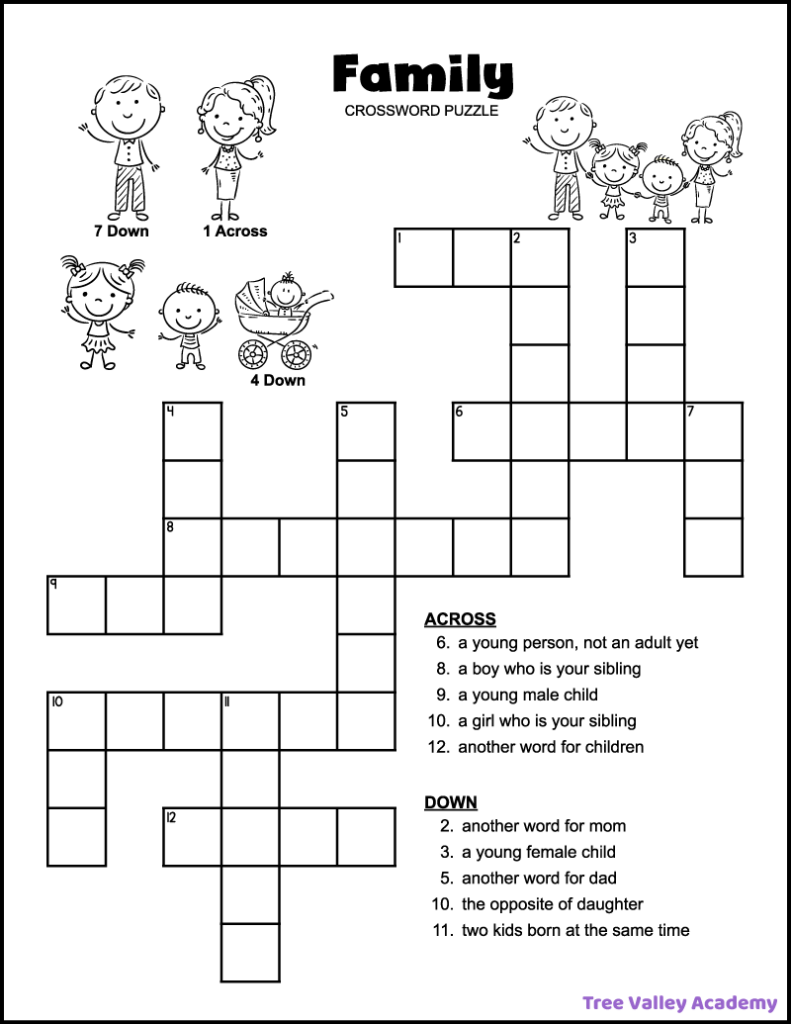 Free printable family-themed crossword puzzle for kids. The black and white 2nd grade crossword has 13 clues: 10 word clues and 3 picture clues.