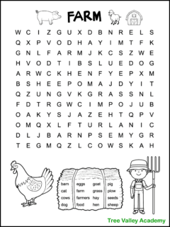 A black and white printable farm word search for kids. The easy word search puzzle has 16 farm words hidden in a 12 X 14 grid of uppercase letters. The puzzle is decorated with farm images kids can color. There's a picture of a hen, hay, a pig, a sheep, a barn, and a farmer holding a pitch fork.