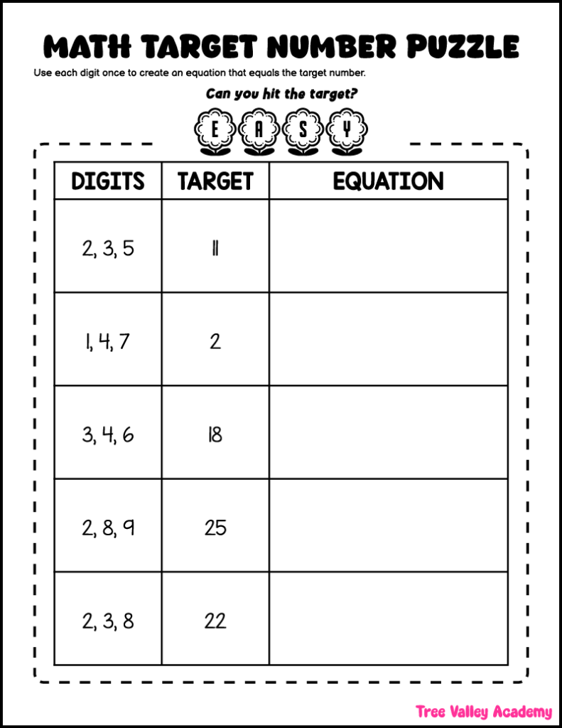 Easy math target number puzzles worksheet for kids using digits to create simple equations.