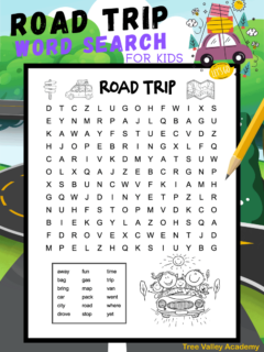 A black and white printable road trip word search for kids. There are 18 3, 4, or 5-letter road trip themed words to find. They are hidden in a 12 X 14 grid of uppercase letters. The puzzle is decorated with 2 pictures of families on a car trip, a map, and road signs.