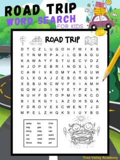 A black and white printable road trip word search for kids. There are 18 3, 4, or 5-letter road trip themed words to find. They are hidden in a 12 X 14 grid of uppercase letters. The puzzle is decorated with 2 pictures of families on a car trip, a map, and road signs.