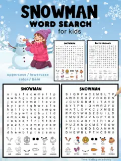 Easy snowman word search printable for kids showing a cute winter illustration of a girl building a snowman, uppercase and lowercase puzzles, and color or black-and-white options.