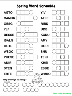 Black and white printable spring word scramble puzzle. There are 24 jumbled 3, 4, or 5 letter spring words to unscramble. There are squares and circles to write the letters in. The letters in circles will reveal the answer to the spring joke: 