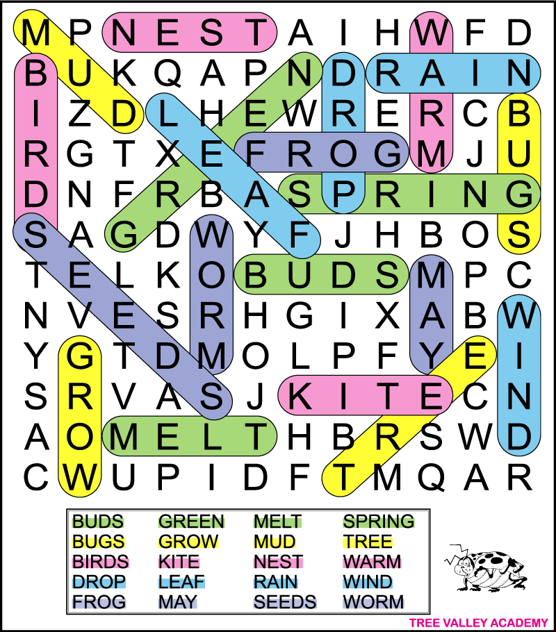 A color coded answer key for an easy spring word search puzzle for kids.