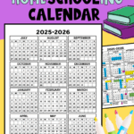 A free printable 2025–2026 one-page homeschooling calendar with July through June months in a grid format with a customizable legend.
