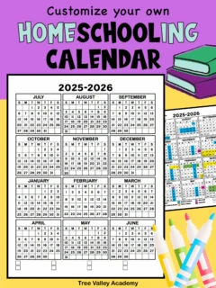 A free printable 2025–2026 one-page homeschooling calendar with July through June months in a grid format with a customizable legend.