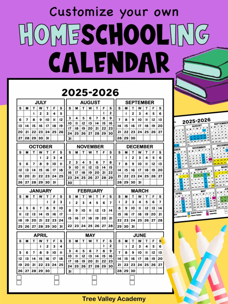 A free printable 2025&ndash;2026 one-page homeschooling calendar with July through June months in a grid format with a customizable legend.