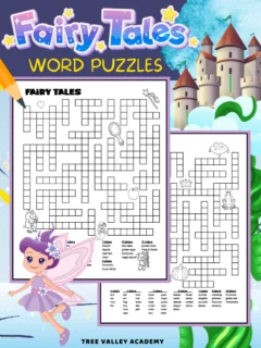 2 black and white printable fairy tale word puzzles. Each of the puzzles have cute images decorating them that can be colored.