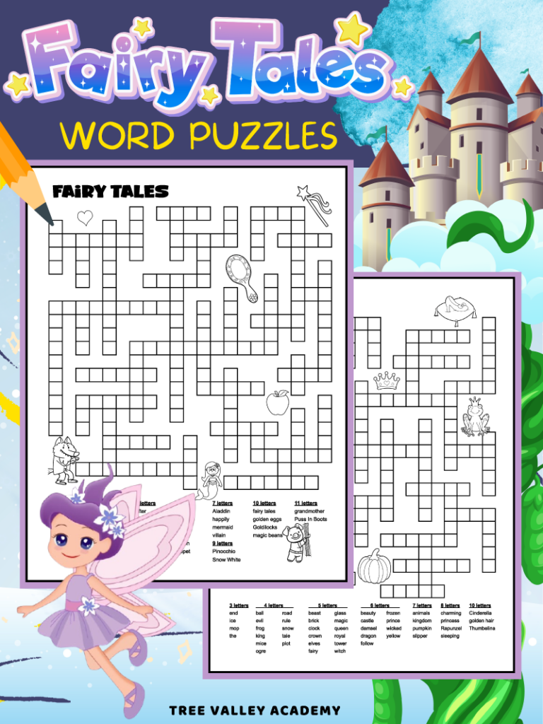 2 black and white printable fairy tale word puzzles. Each of the puzzles have cute images decorating them that can be colored.