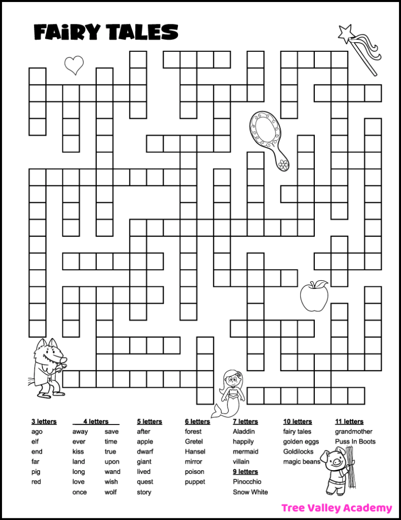 Printable fairy tales fill in word puzzle. There are 45 fairy tale words to fit in the puzzle. The words to fit in are 3 to 11 letter words. It's a medium level fill in puzzle as the minimum number of words with the same amount of letters is 2 words. The black and white puzzle is decorated with cute images that can be colored: an image of a fairy wand, a mirror, a heart, a mermaid, an apple, a wolf, and a pig carrying straw. The words of the puzzle go along well with the fairy tales Puss In Boots, Jack and the Beanstalk, Pinocchio, Snow White, Hansel and Gretel, Aladdin, Goldilocks and the Three Bears, and Little Red Riding Hood.