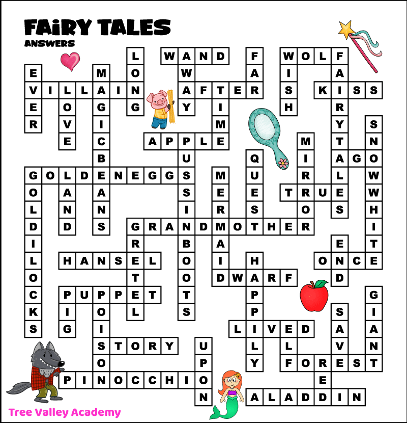 The answers for a free printable fairy tale themed fill in word puzzle.
