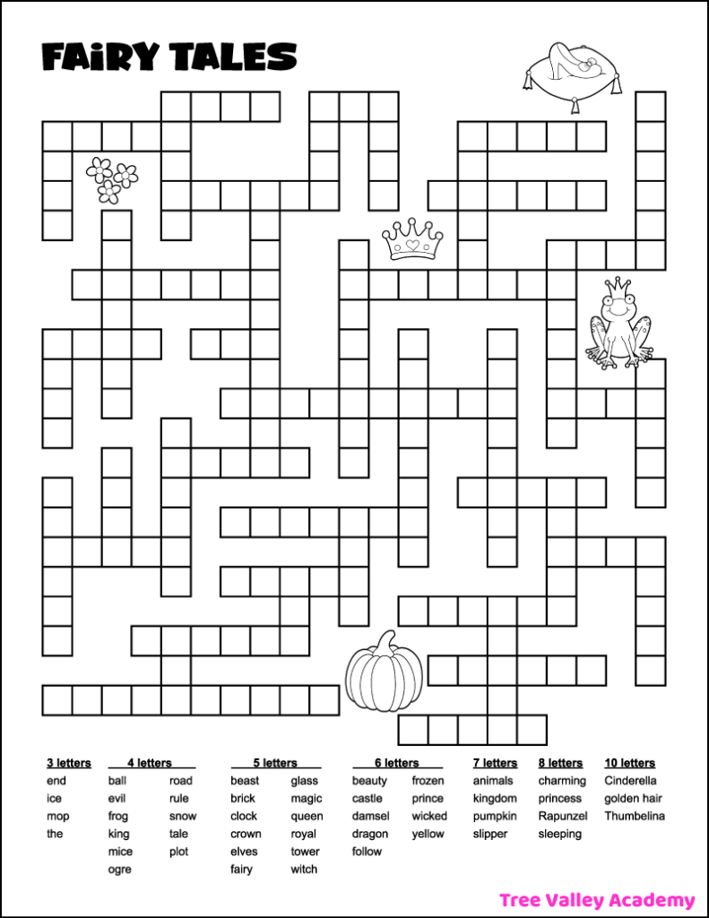 Printable fairy tales fill in word puzzle. There are 47 fairy tale words to fit in the puzzle. The words to fit in are 3 to 10 letter words. It's a medium level fill in puzzle as the minimum number of words with the same amount of letters is 3 words. The black and white puzzle is decorated with cute images that can be colored: a glass slipper on a pillow, some flowers, a crown, a frog wearing a crown, and a pumpkin. The words of the puzzle go along well with the fairy tales Cinderella, Thumbelina, Rapunzel, The Snow Queen, The Frog Prince, Sleeping Beauty, The Wizard of Oz, and Beauty and the Beast.