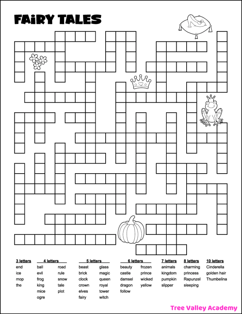 Printable fairy tales fill in word puzzle. There are 47 fairy tale words to fit in the puzzle. The words to fit in are 3 to 10 letter words. It's a medium level fill in puzzle as the minimum number of words with the same amount of letters is 3 words. The black and white puzzle is decorated with cute images that can be colored: a glass slipper on a pillow, some flowers, a crown, a frog wearing a crown, and a pumpkin. The words of the puzzle go along well with the fairy tales Cinderella, Thumbelina, Rapunzel, The Snow Queen, The Frog Prince, Sleeping Beauty, The Wizard of Oz, and Beauty and the Beast.