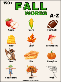 150+ fall words A-Z. Words and images showing an apple, corn, football, hay, leaf, mushroom, owl, pie, pumpkin, scarecrow, tree, and a spider web.