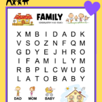 Printable kindergarten word search with a family theme. There are 6 words hidden in a 6X8 very large print grid of letters. Each of the words to find have a picture above it helping kids to be able to read each word. The puzzle is decorated with a house and a family.