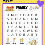 Printable kindergarten word search with a family theme. There are 6 words hidden in a 6X8 very large print grid of letters. Each of the words to find have a picture above it helping kids to be able to read each word. The puzzle is decorated with a house and a family.