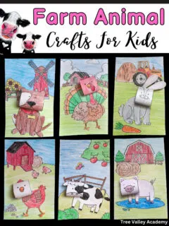 Farm animal crafts for kids. Showing finished crafts of a dog, turkey, rabbit, chicken, cow, and pig.