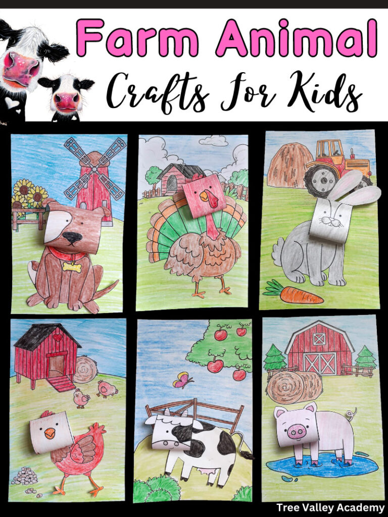 Farm animal crafts for kids. Showing finished crafts of a dog, turkey, rabbit, chicken, cow, and pig.