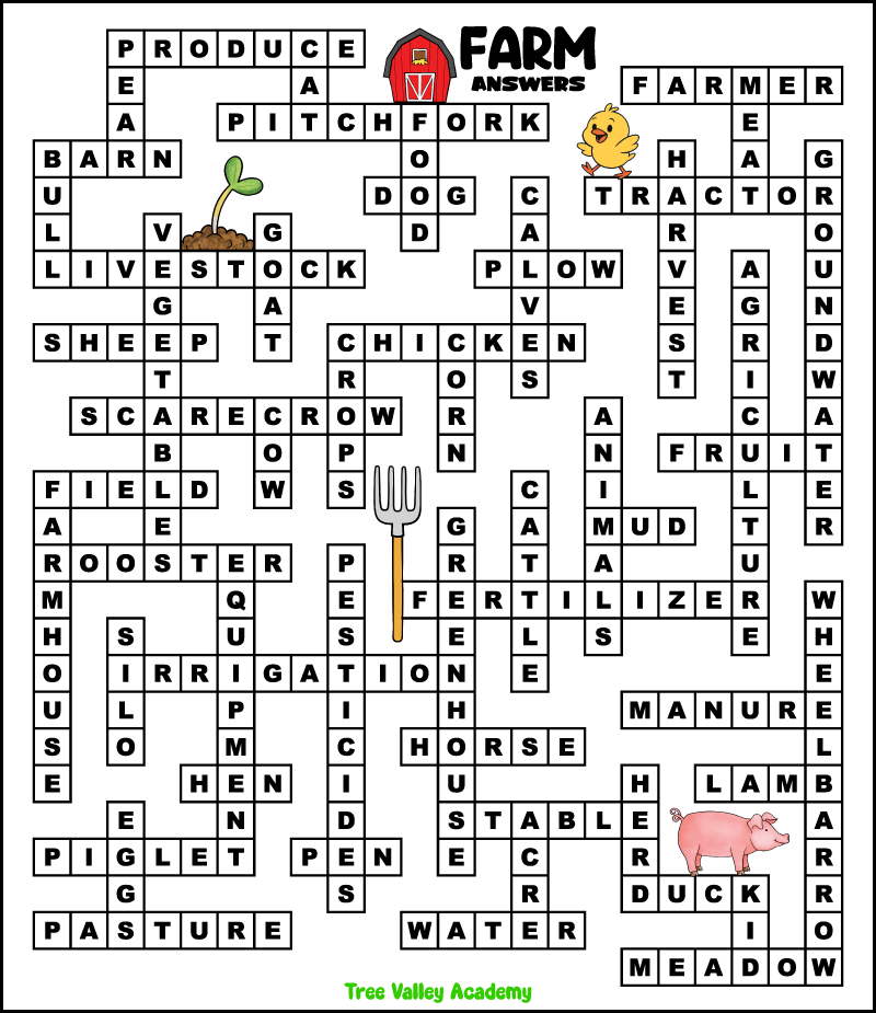 farm fill in word puzzle answer key with completed grid and farm vocabulary words
