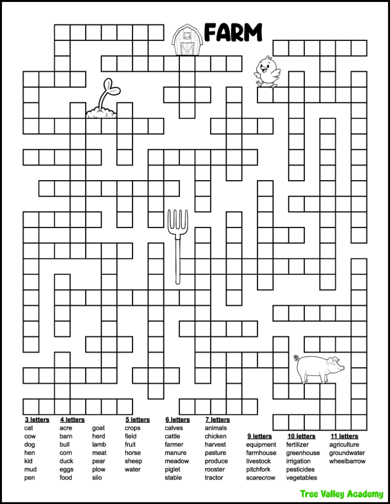farm fill in word puzzle printable with 54 farm themed words for kids