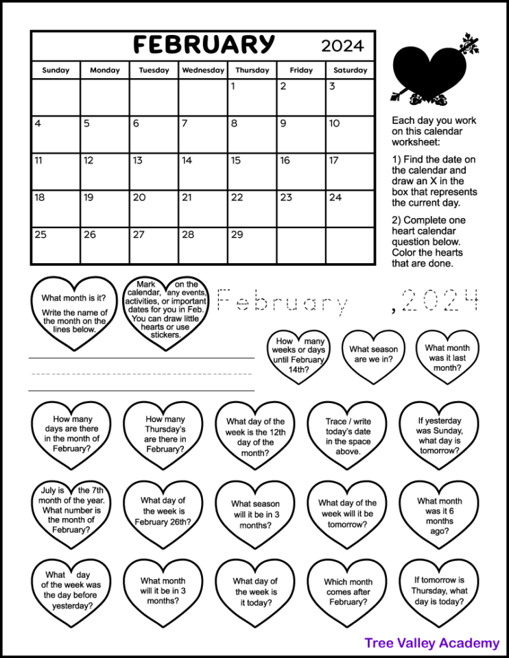 February 2025 Printable Calendar Worksheet for Grade 1 & 2