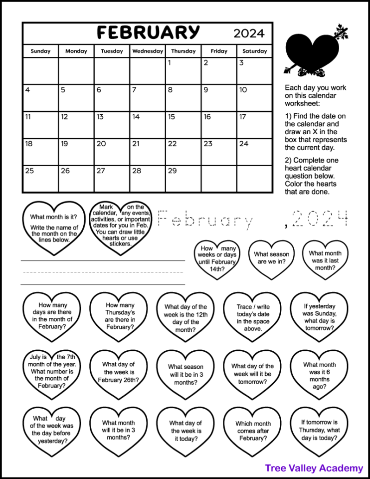 February 2024 Printable Calendar Worksheet for Grade 1 & 2