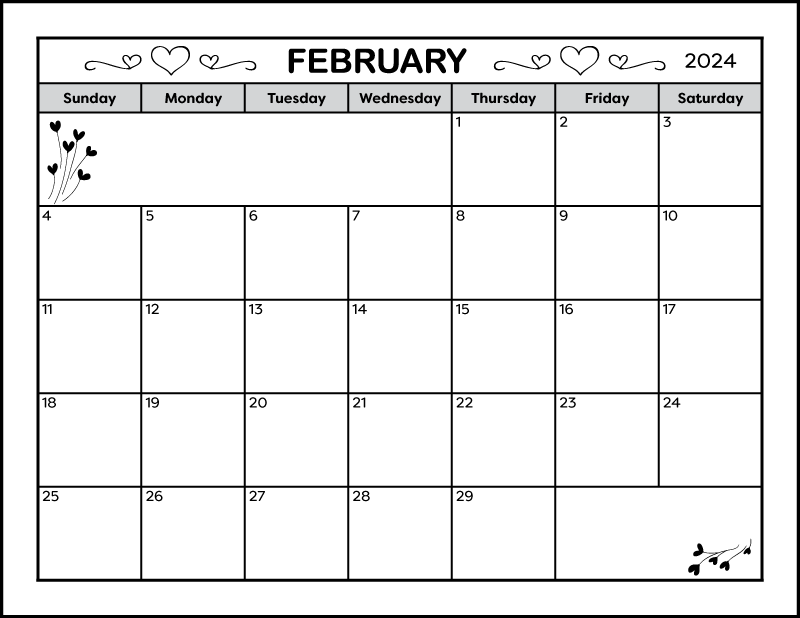 A full page printable February 2024 calendar. The black and white page calendar has cute heart decorative images. And there are 2 spaces for writing notes. The blank February 2024 calendar is landscape orientation on letter sized paper.