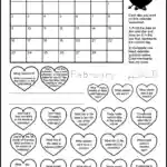 A printable February 2025 calendar worksheet for 1st graders. The page has the February 2025 calendar. It also has 20 hearts each with a calendar question inside. Kids can color the hearts as they answer the 1st grade calendar questions. There's also 3 lines where kids will be asked to write the current month. And another spot where kids will be able to trace the text "February, 2025." There's a space after the word February so that kids can write the number of the current date.